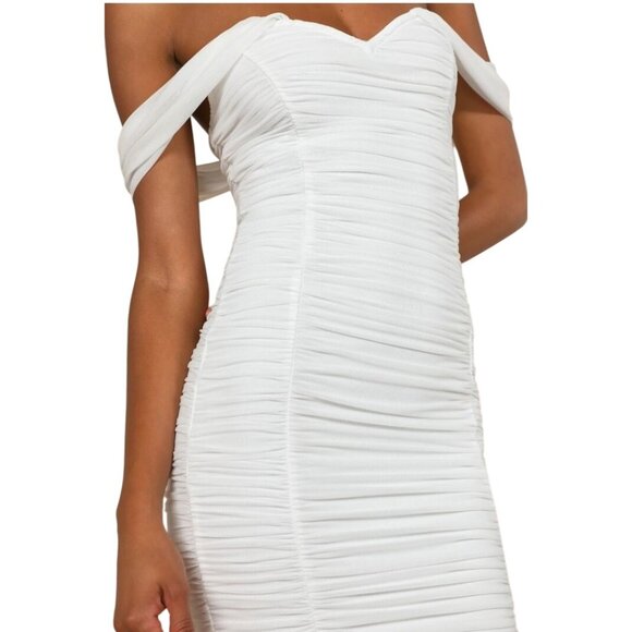 Lulus Ruched Romantic White Mesh Off-the-Shoulder Mermaid Maxi Dress, Size M - Picture 4 of 16